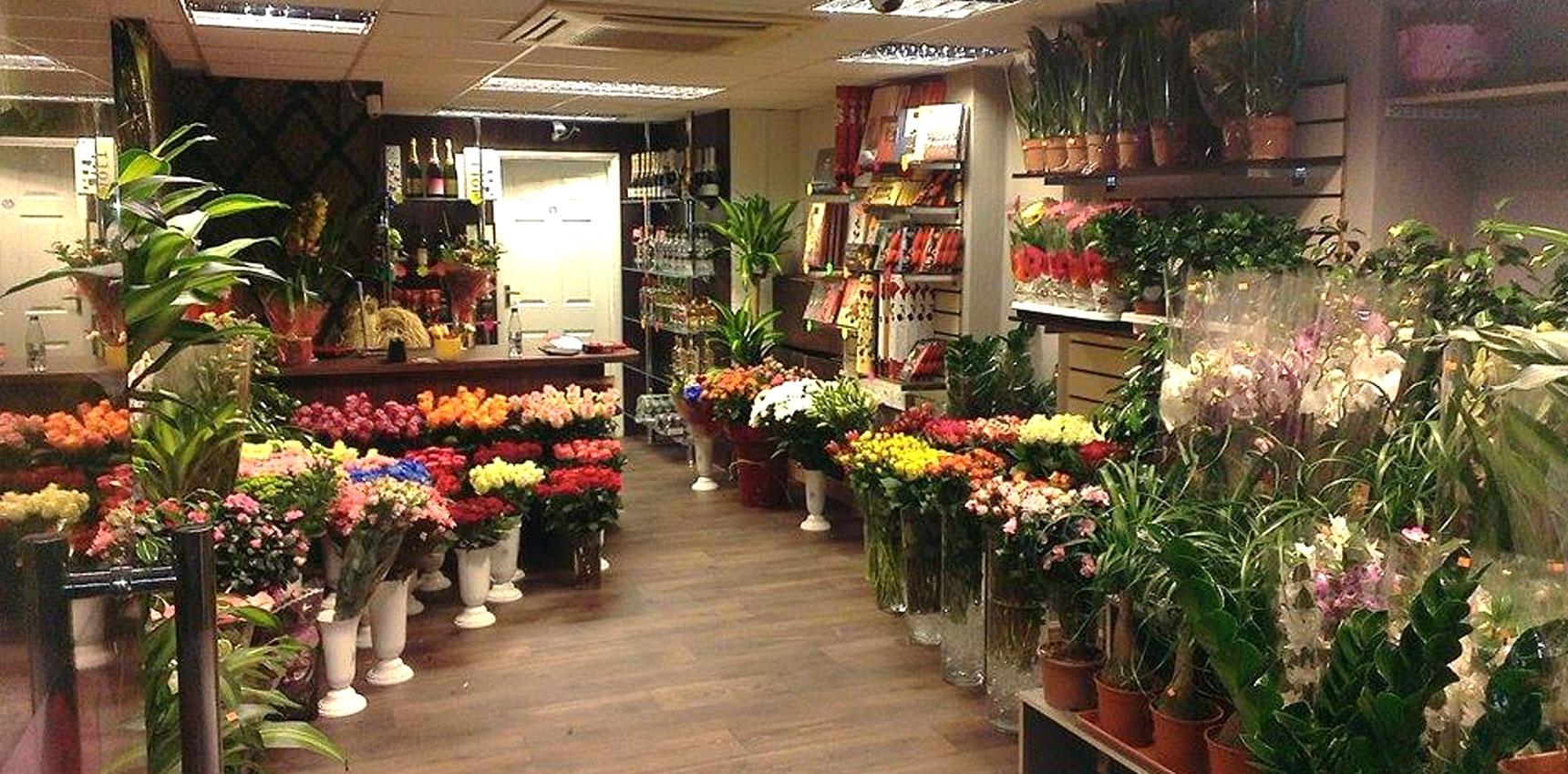 A view through a flower and gift shop